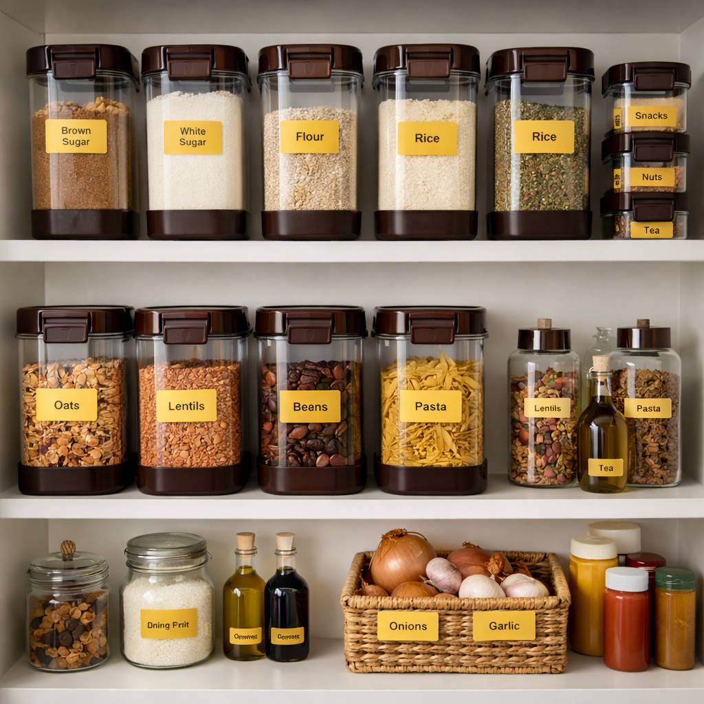 Netjes georganiseerde voorraadkast met gelabelde basisproducten